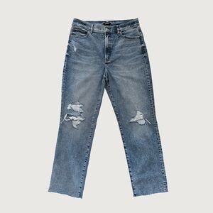 Express Super High Rise Straight Leg Raw Hem Distressed Jeans - 12